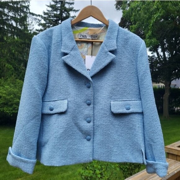 NWT Zara Tweed Textured Women's Blazer Jacket Blue Size XXL - Picture 5 of 14